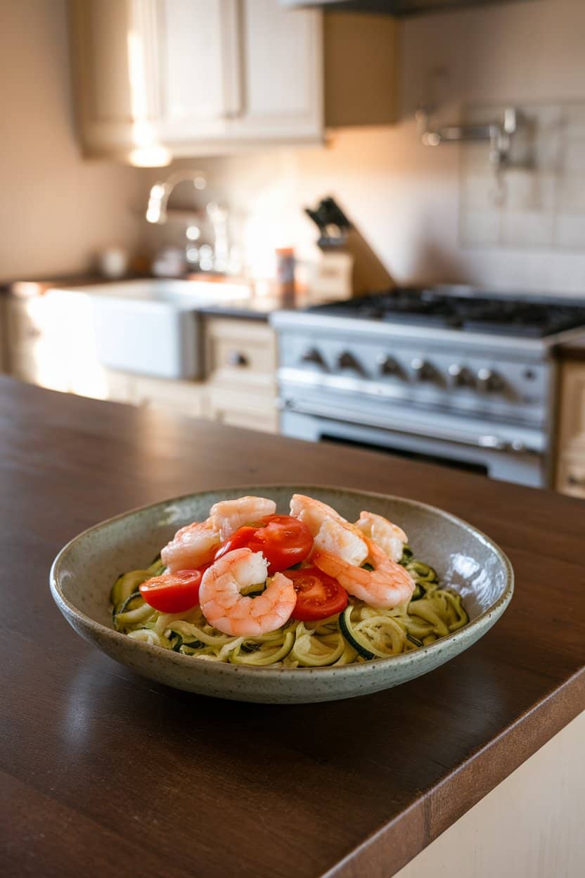 An indoor kitchen island with a shallow bowl of cooked spiralized zucchini topped with sautéed garlic shrimp and cherry tomato halves. Soft warm lighting, no logos or text.