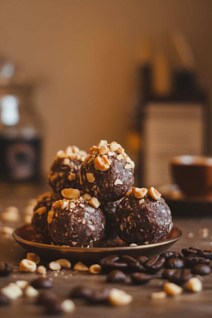 Warm indoor café-style table displaying dark mocha protein balls with chopped hazelnuts on top, coffee beans scattered around for context, no text or logos. Photo, not illustration.
