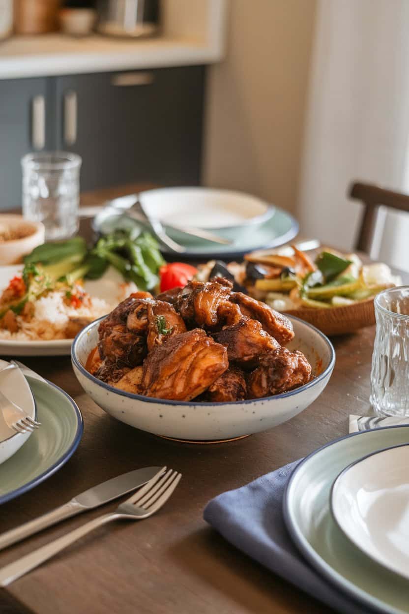 Indoor dining table with a bowl of Filipino chicken adobo, dark soy-vinegar glaze coating each piece, no text or logos.