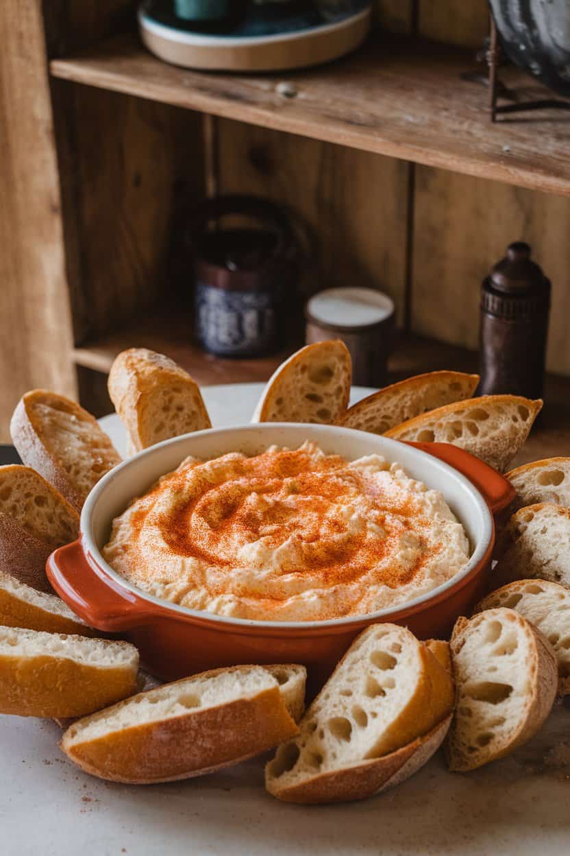 An indoor table with a warm ceramic dish of creamy crab dip dusted with paprika, surrounded by baguette slices. No text or logos. Photo only.