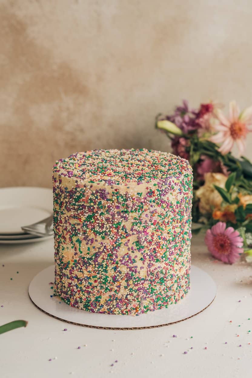 Tall sprinkle-filled layer cake with purple, green, and gold nonpareils visible in the crumb and on frosting, indoor photo. No text or logos.