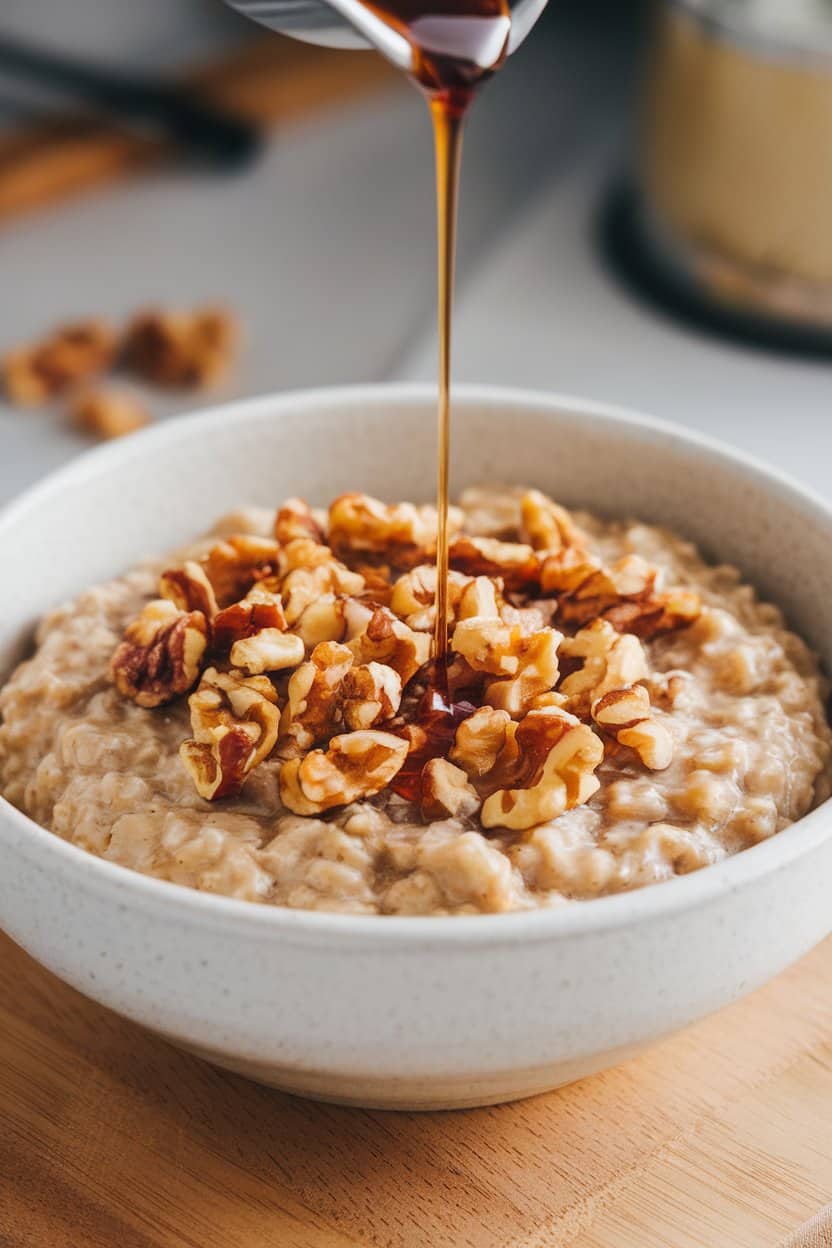 Indoor photo of oats drizzled with amber maple syrup and topped with chopped walnuts, no text or logos.