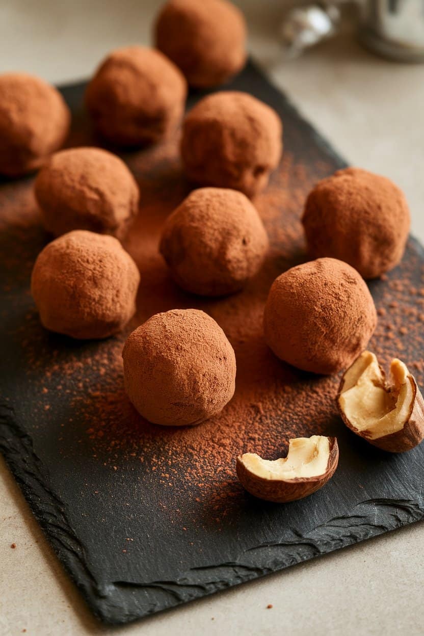 An indoor slate board displaying round chocolate truffles dusted with cocoa, a cracked hazelnut nearby. No logos or text.