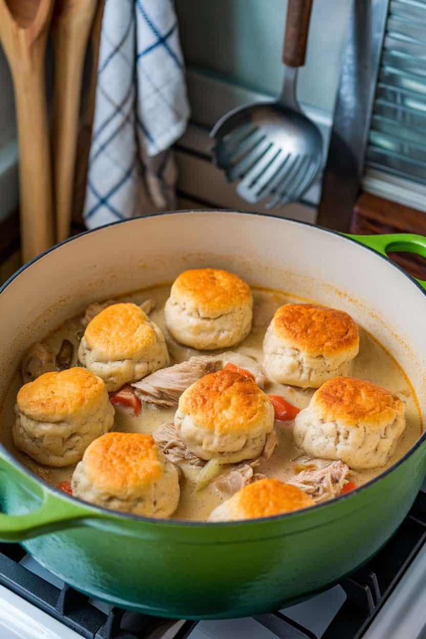 A Dutch oven on an indoor stovetop showcasing fluffy biscuit-style dumplings atop creamy chicken stew, no text or logos.