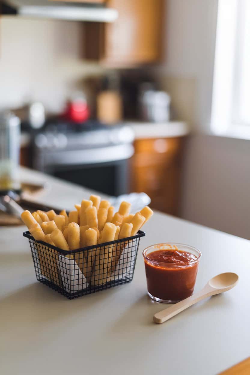 An indoor countertop scene with a basket of golden mozzarella sticks beside a cup of marinara, no text or logos.
