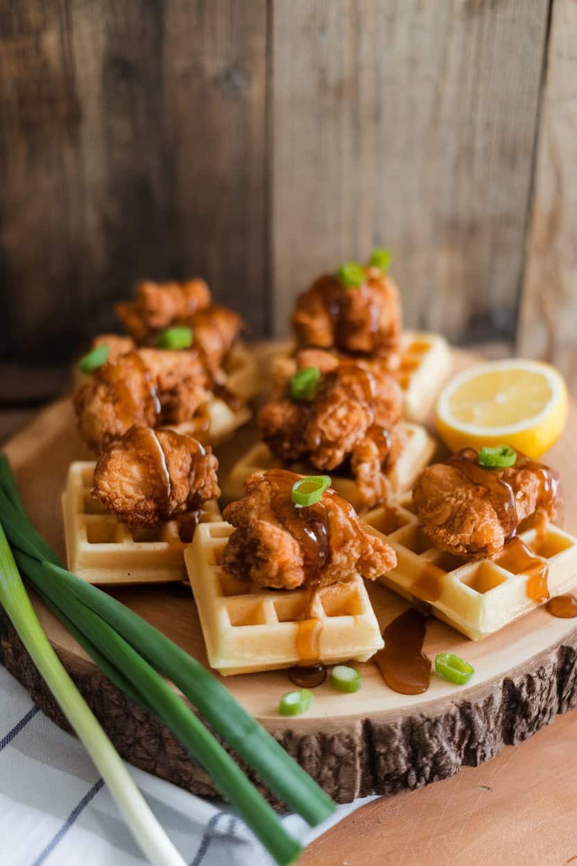 Indoor appetizer platter featuring mini waffle squares topped with crispy fried chicken pieces and a drizzle of maple syrup; no text or logos.