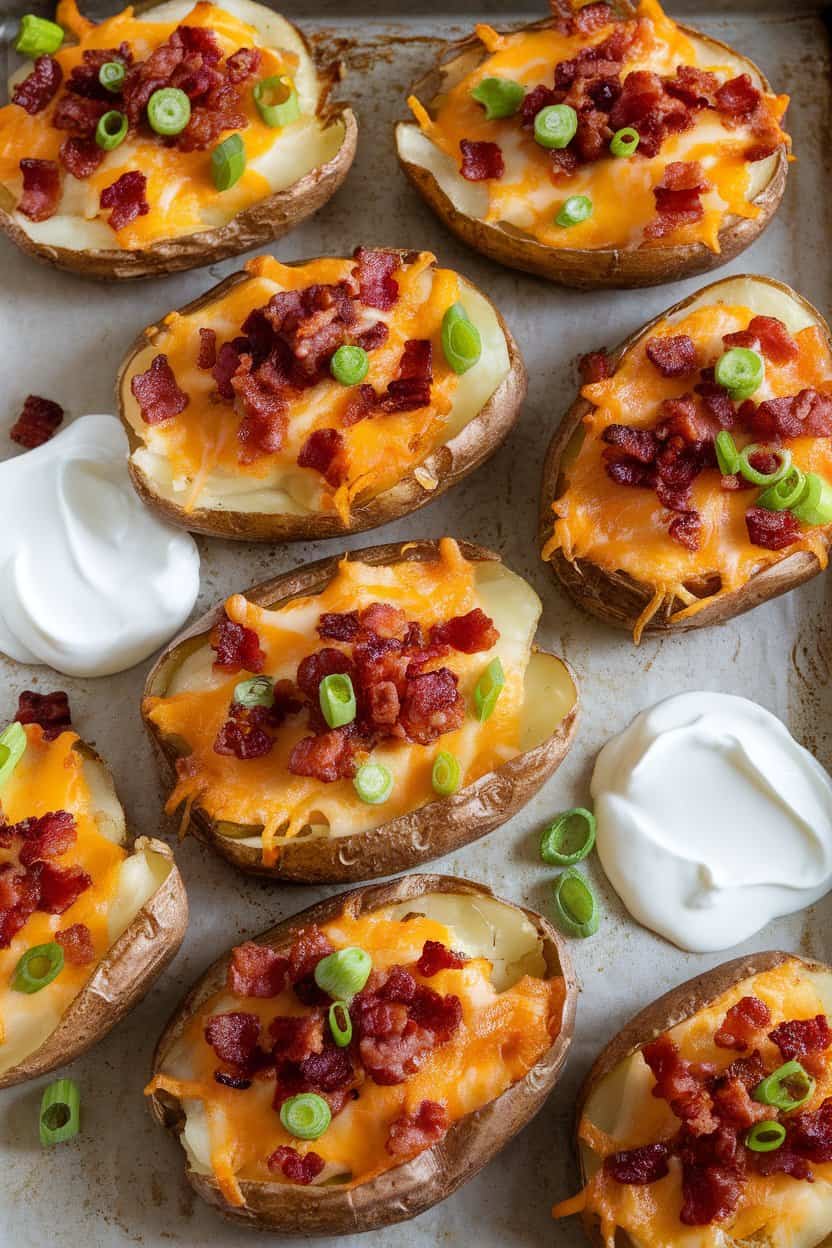 An indoor baking sheet of potato skins topped with melted cheese, bacon bits, and scallions, sour cream dollops on the side, no text or logos.