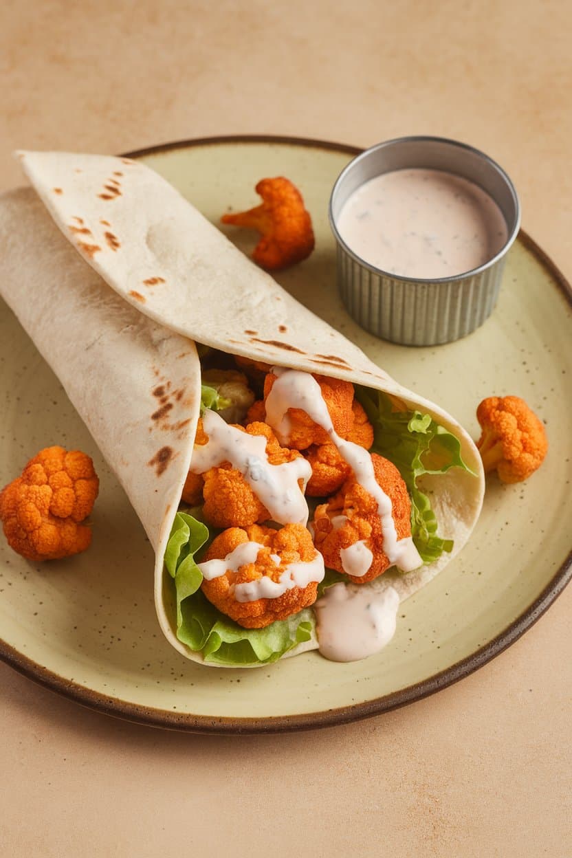 Indoor plate showing a tortilla wrap filled with roasted buffalo-style cauliflower, lettuce, and ranch drizzle. Photo, no text or logos.
