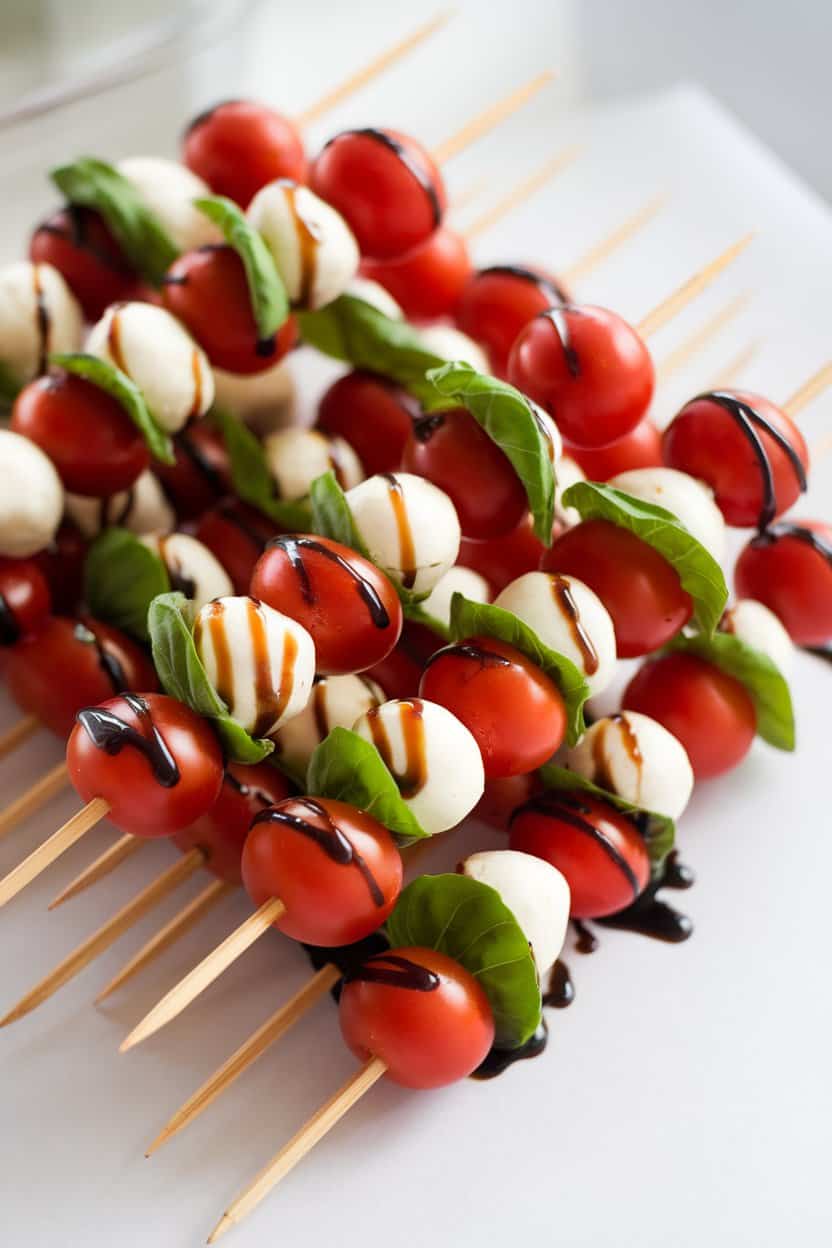 Bright indoor photo of short bamboo skewers threaded with cherry tomatoes, basil leaves, and small white cashew-cheese balls, lightly drizzled with balsamic reduction. No text or logos.