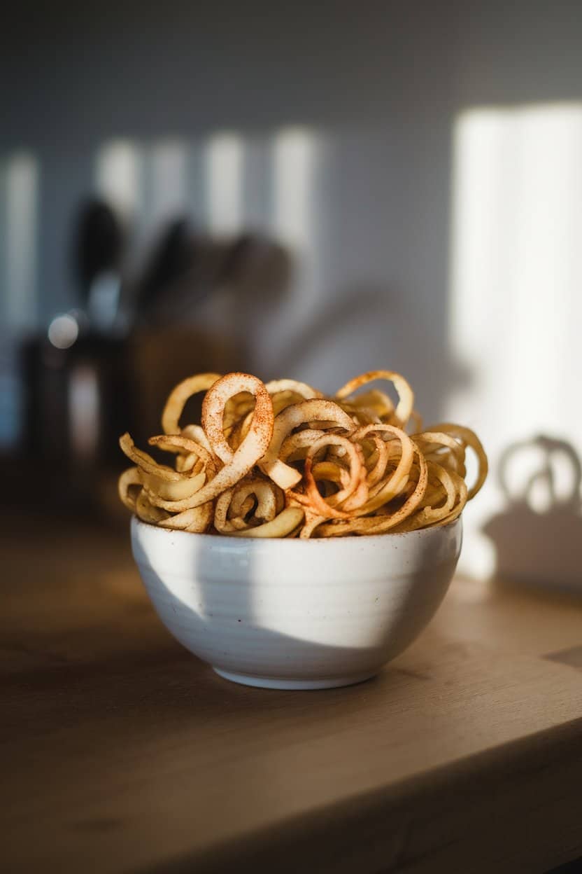 Indoor photo of a white bowl filled with thin, curly baked apple chips dusted with cinnamon; no text or logos visible.