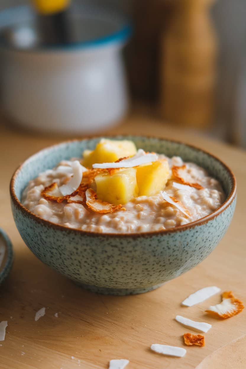 Indoor photo of coconut-milk oats garnished with pineapple chunks and toasted coconut flakes, no text or logos.
