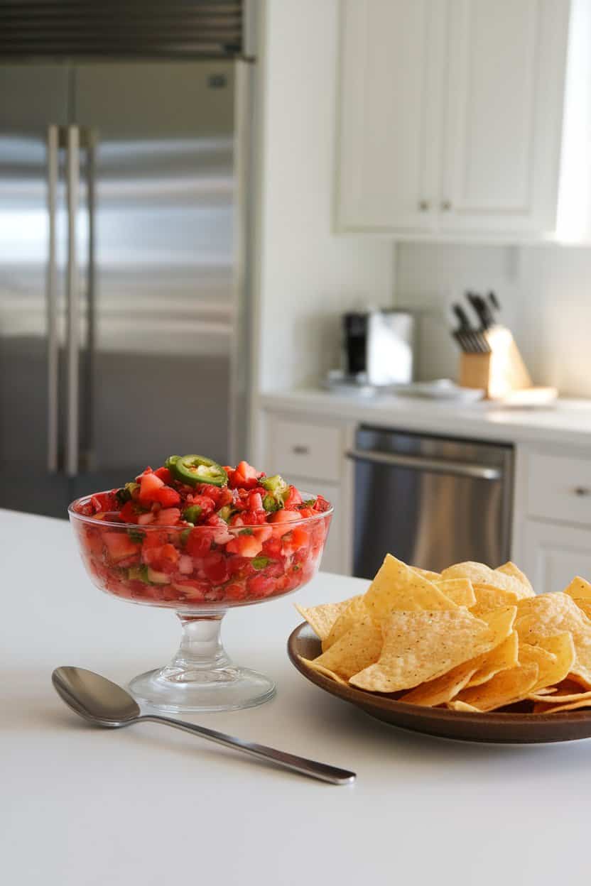 Indoor serving bowl of colorful strawberry jalapeño salsa with a spoon and plain tortilla chips alongside; bright kitchen lighting; no text or logos.