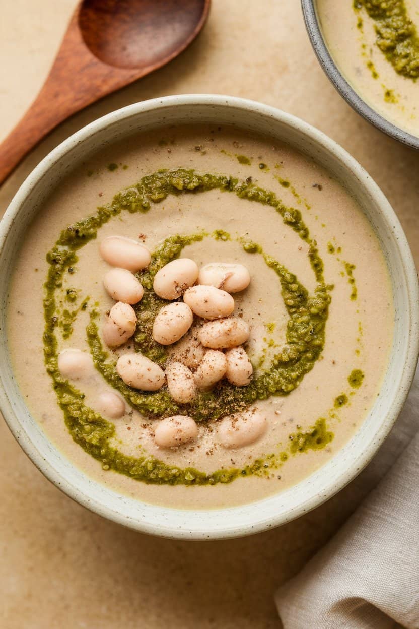 Indoor photo of creamy white bean soup swirled with green pesto, served in a shallow bowl with a spoon resting nearby. No text or logos.