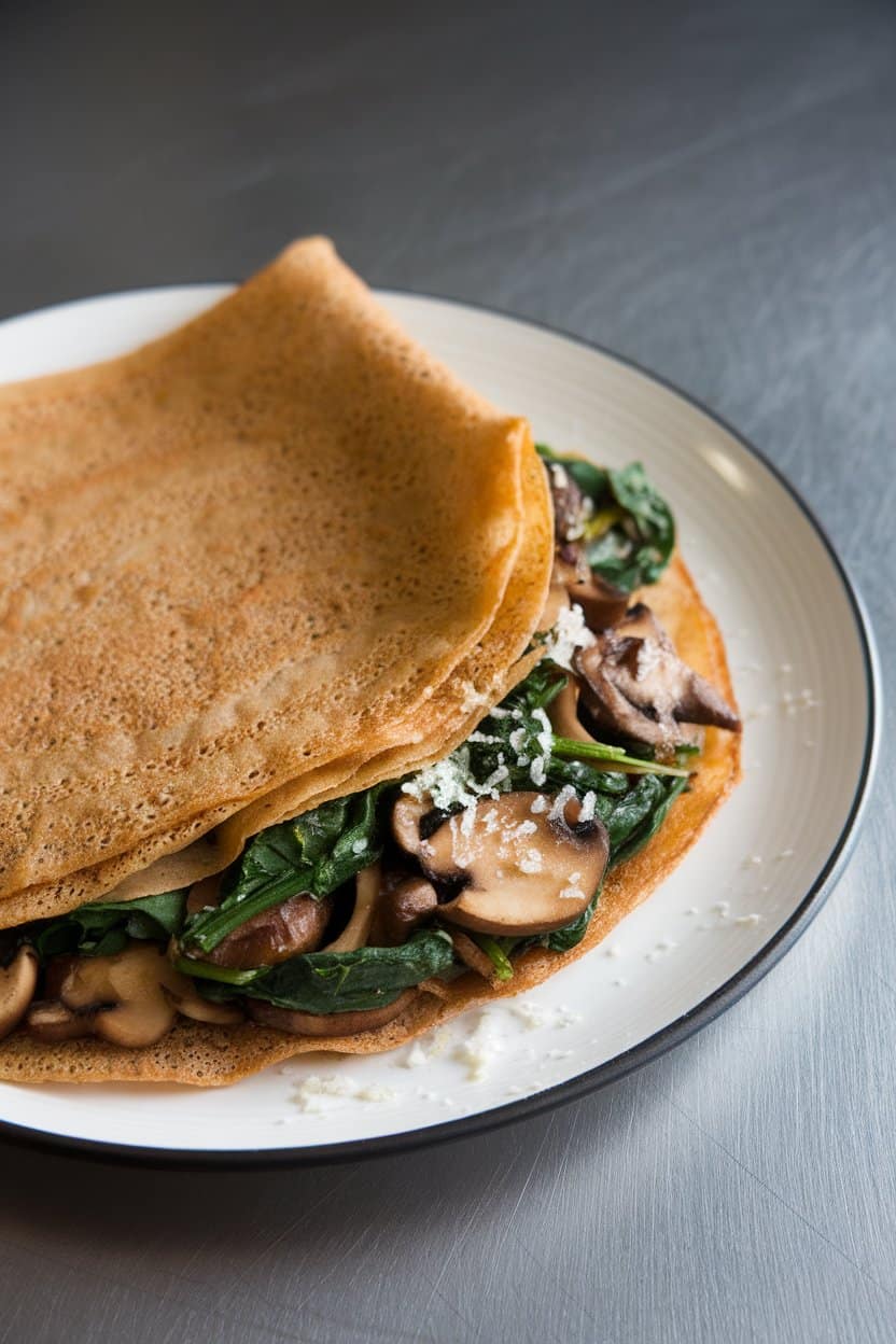 Indoor photo of thin buckwheat crepe folded around sautéed spinach and mushrooms on a white plate; no text or logos