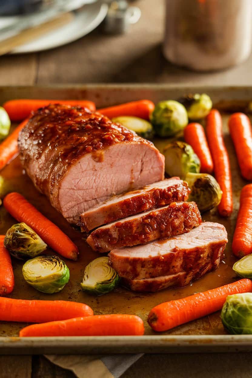 An indoor table scene with a sliced pork tenderloin glazed with maple-dijon sauce, surrounded by roasted carrots and Brussels sprouts on a sheet pan. No text or logos. Photo only.