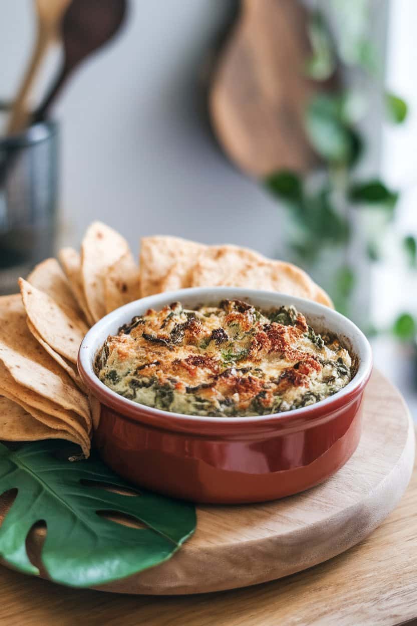 Indoor photo of a small casserole dish filled with bubbling vegan spinach artichoke dip, pita chips fanned out nearby. No text or logos.
