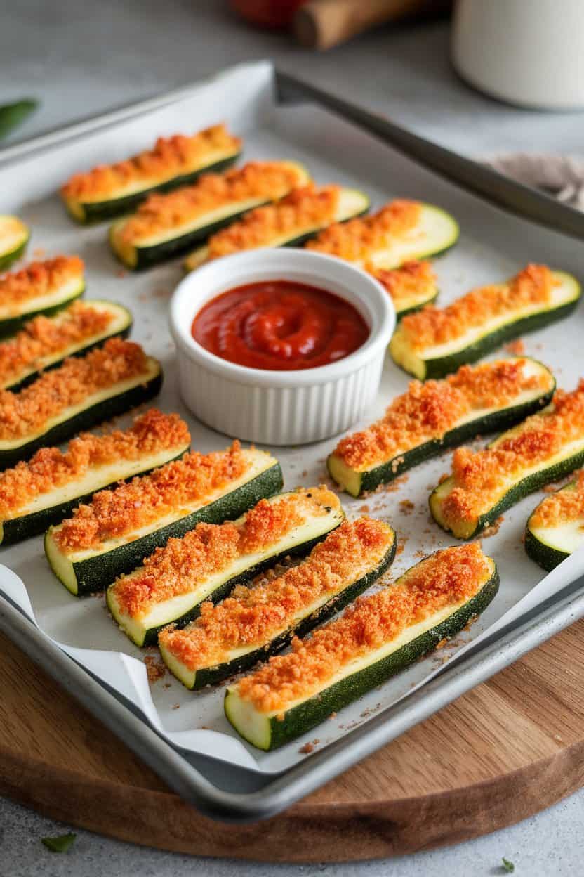 Indoor baking sheet with golden zucchini sticks coated in parmesan and breadcrumbs, served with marinara dipping sauce; no text or logos.