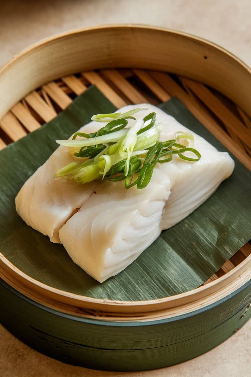Indoor photo of steamed cod fillet on a bamboo steamer liner, topped with julienned ginger and scallions; side angle, no text or logos