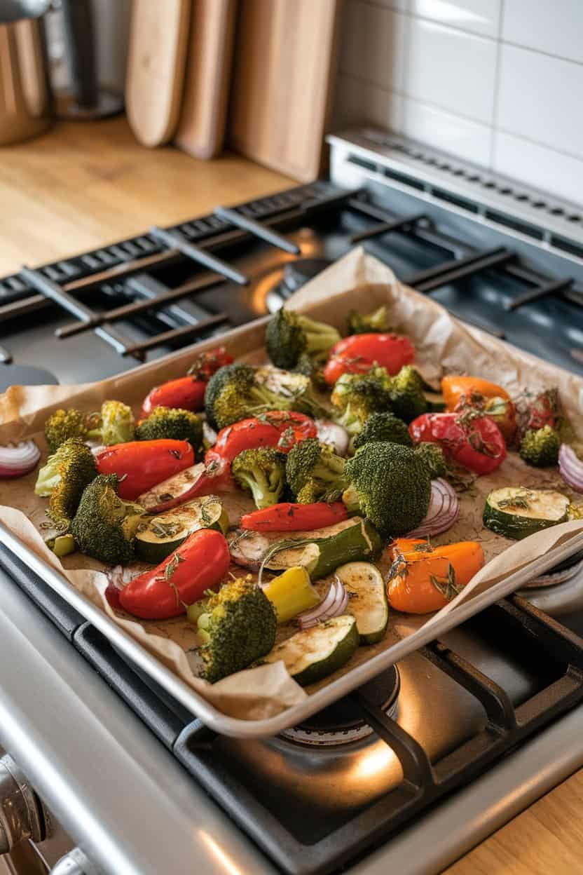 A parchment-lined sheet pan on an indoor stove top, filled with roasted broccoli, bell peppers, zucchini, and red onion, all glistening with olive oil and herbs. No logos or text in scene; photo, not illustration.