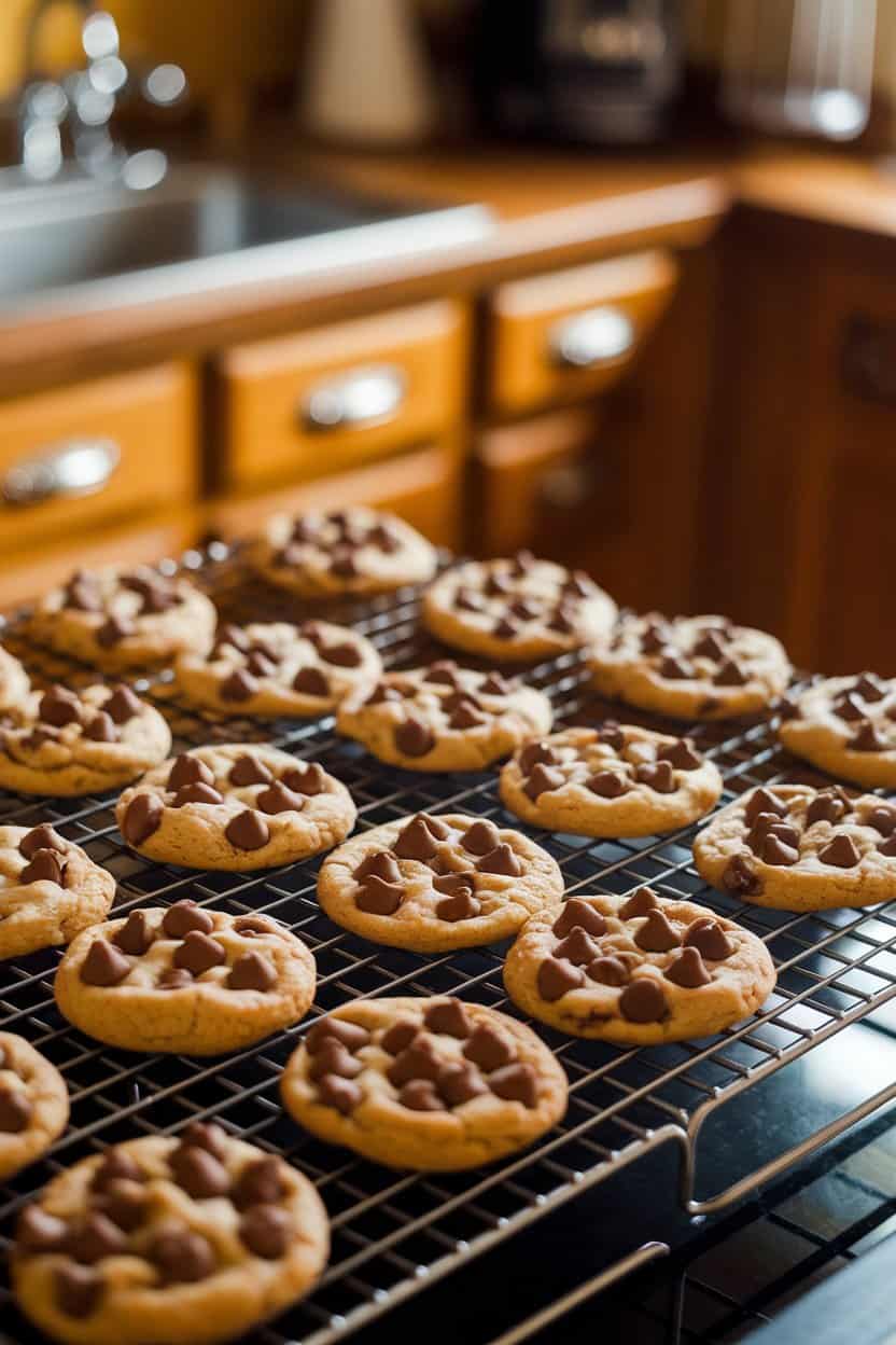 A cooling rack indoors dotted with freshly baked chocolate chip cookies, chips still glossy. Warm kitchen lighting, no logos.