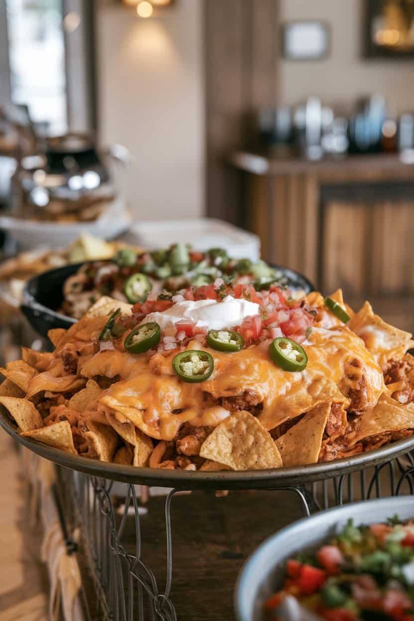 A cozy indoor buffet with a rimmed baking sheet piled high with melted-cheese nachos, surrounded by small bowls of jalapeños, sour cream, and pico de gallo, no text or logos.