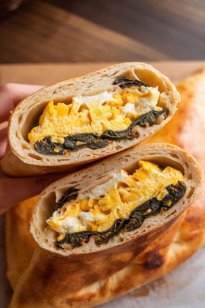 Indoor photo of a hand-held calzone cut in half, showing ricotta, spinach, and scrambled egg filling; no text or logos