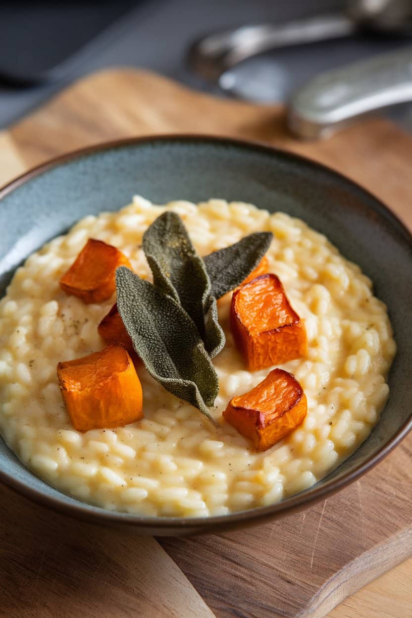 Indoor photo of a shallow bowl of creamy risotto dotted with roasted butternut squash cubes and crispy sage leaves. No text or logos.