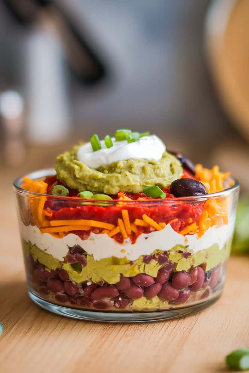 A glass indoor dish showing colorful layers of beans, guacamole, sour cream, salsa, cheese, olives, and green onions, no text or logos.