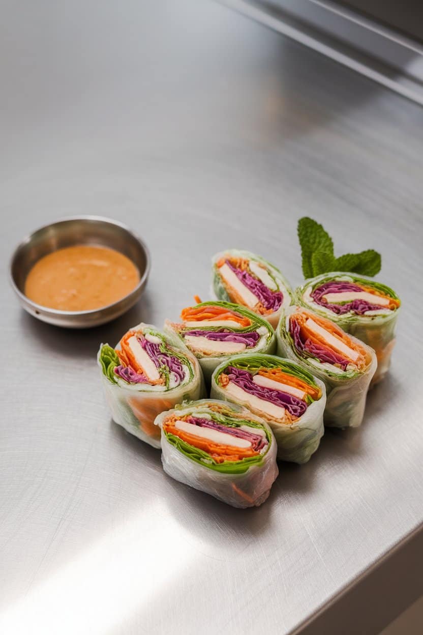 Indoor prep counter with cut spring rolls revealing vibrant layers of tofu, purple cabbage, carrots, and mint, small bowl of peanut dipping sauce nearby. No text or logos, photo not illustration.