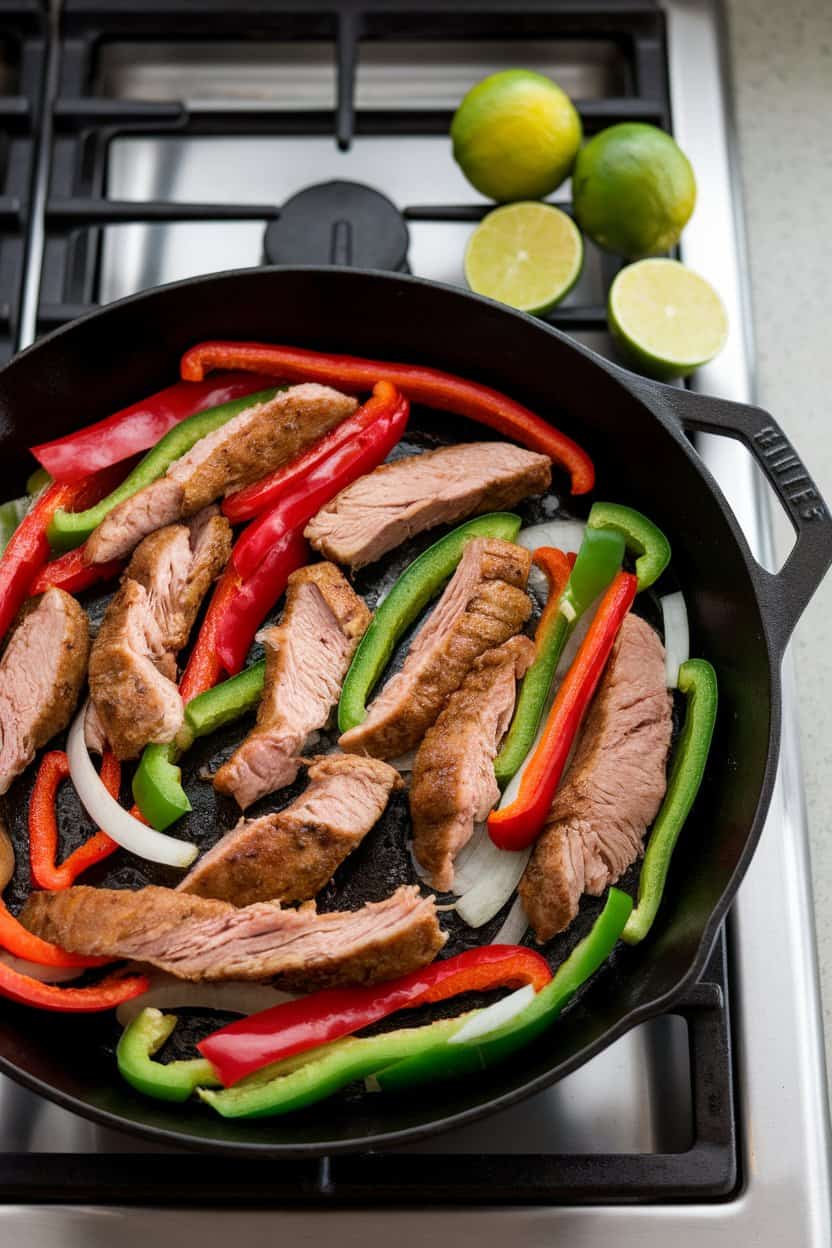 Indoor stovetop showing a sizzling cast-iron skillet of turkey strips, red and green bell peppers, and onions, fresh lime halves nearby. No text or logos.