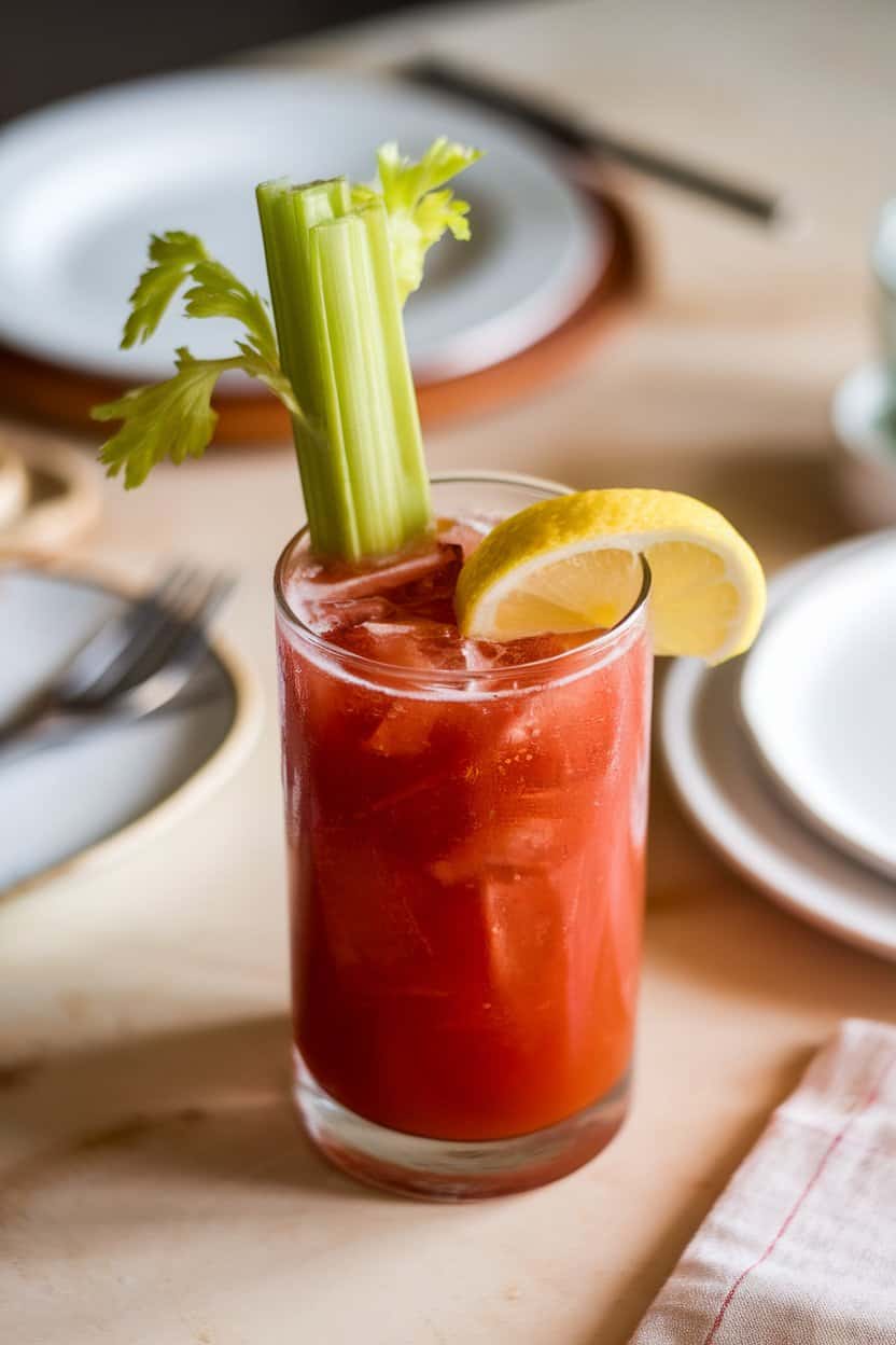 Photo of a highball glass filled with rich red tomato mocktail, celery stalk and lemon wedge garnish, set on an indoor brunch table. No text or logos in frame.