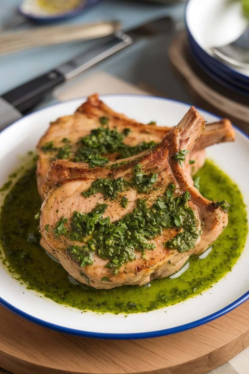 An indoor plate displaying pork chops topped with vibrant green chimichurri sauce, parsley flakes visible, no text or logos. Photo only.
