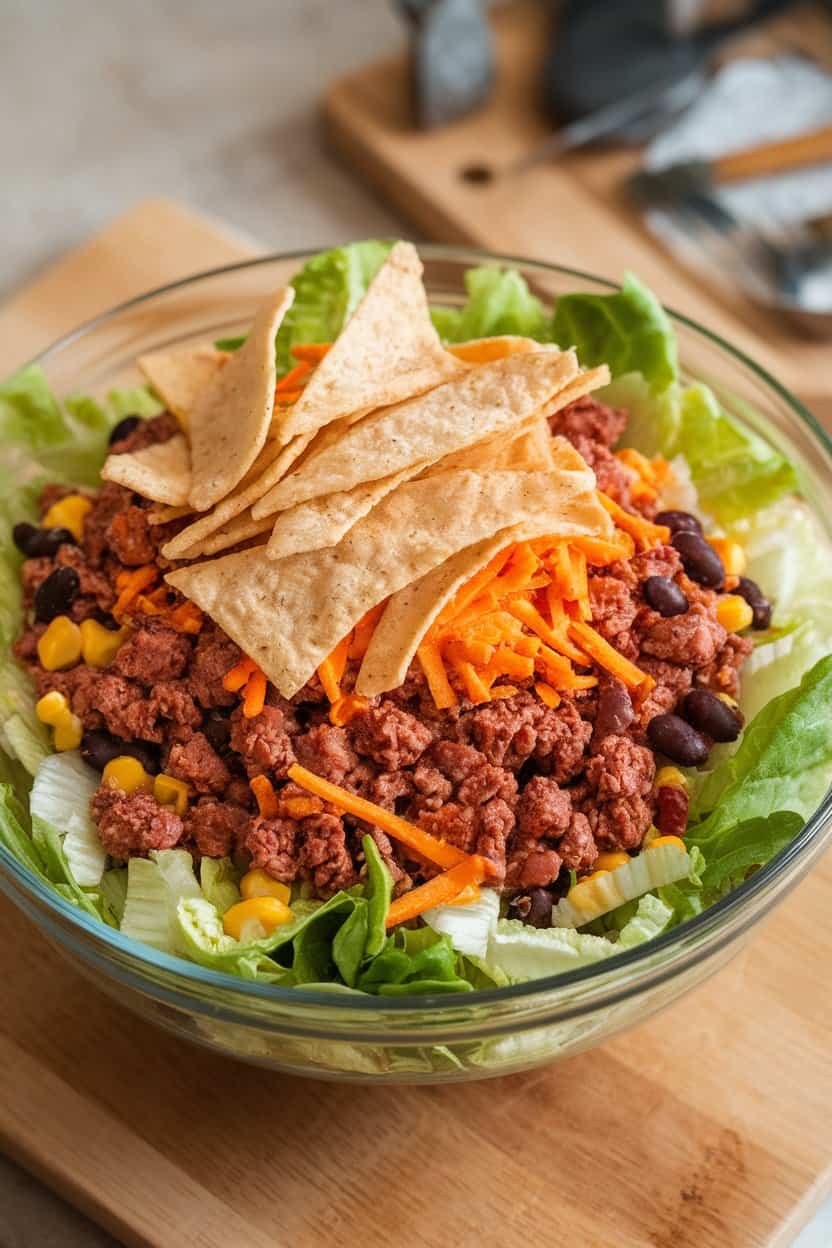An indoor salad bowl layered with chopped romaine, taco-seasoned ground beef, black beans, corn, and shredded cheese, tortilla strips on top. No text or logos.