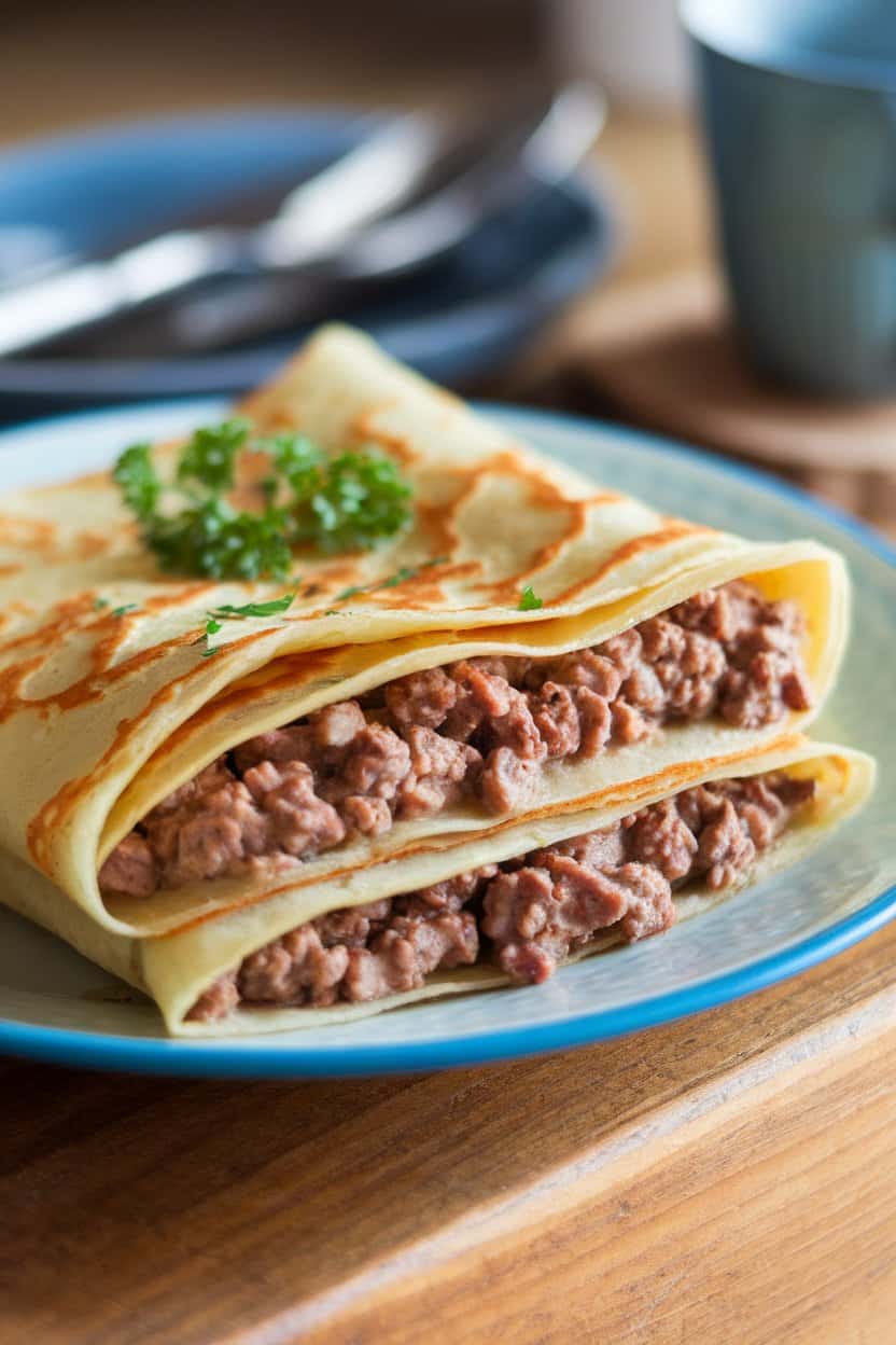 An indoor brunch plate showing folded crepes stuffed with creamy ground beef and mushroom filling, a sprinkle of parsley. No text or logos.