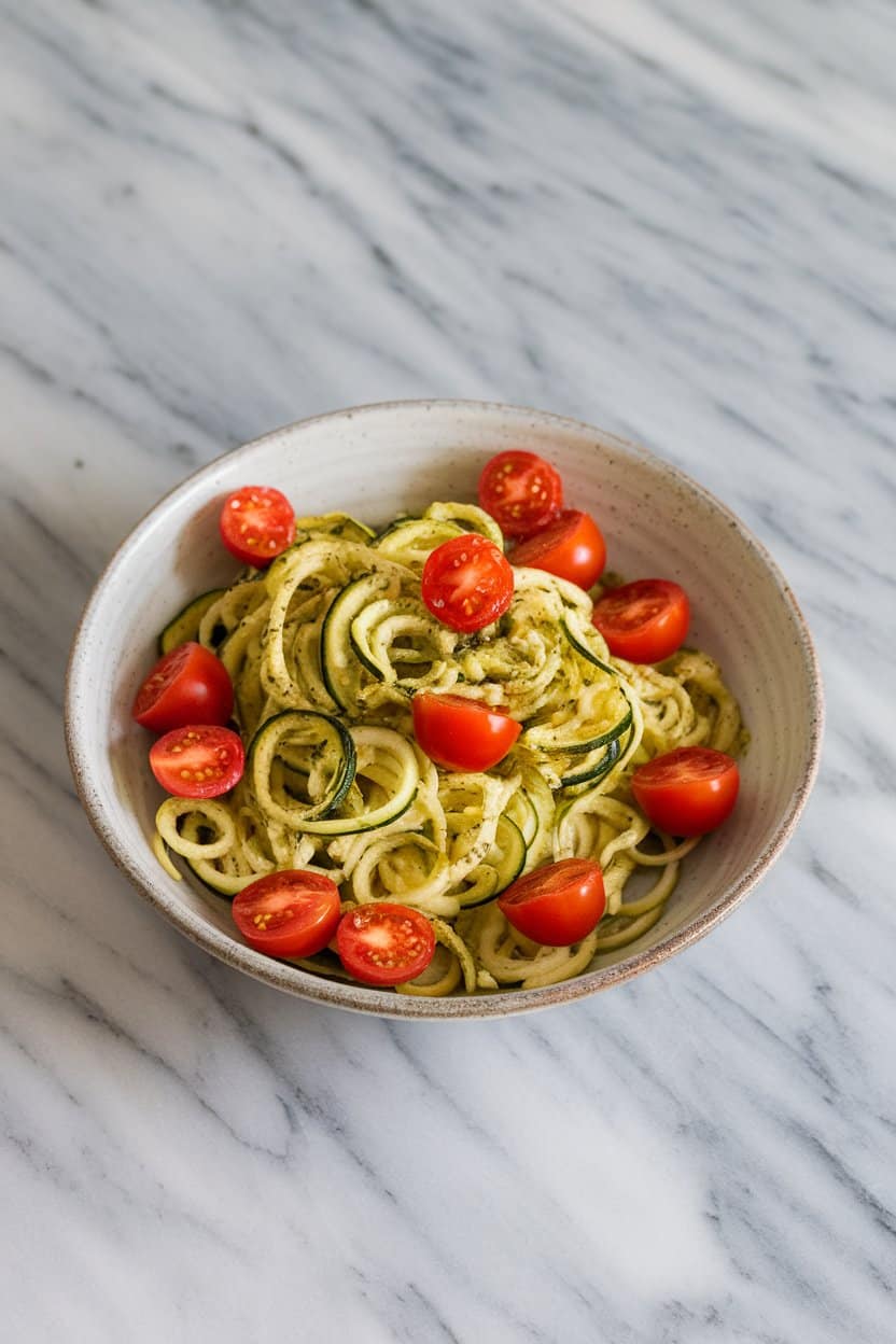 An indoor countertop shot of a shallow bowl filled with spiralized zucchini tossed in basil pesto, cherry tomato halves scattered on top. Bright overhead lighting, no text or logos. Photo only.