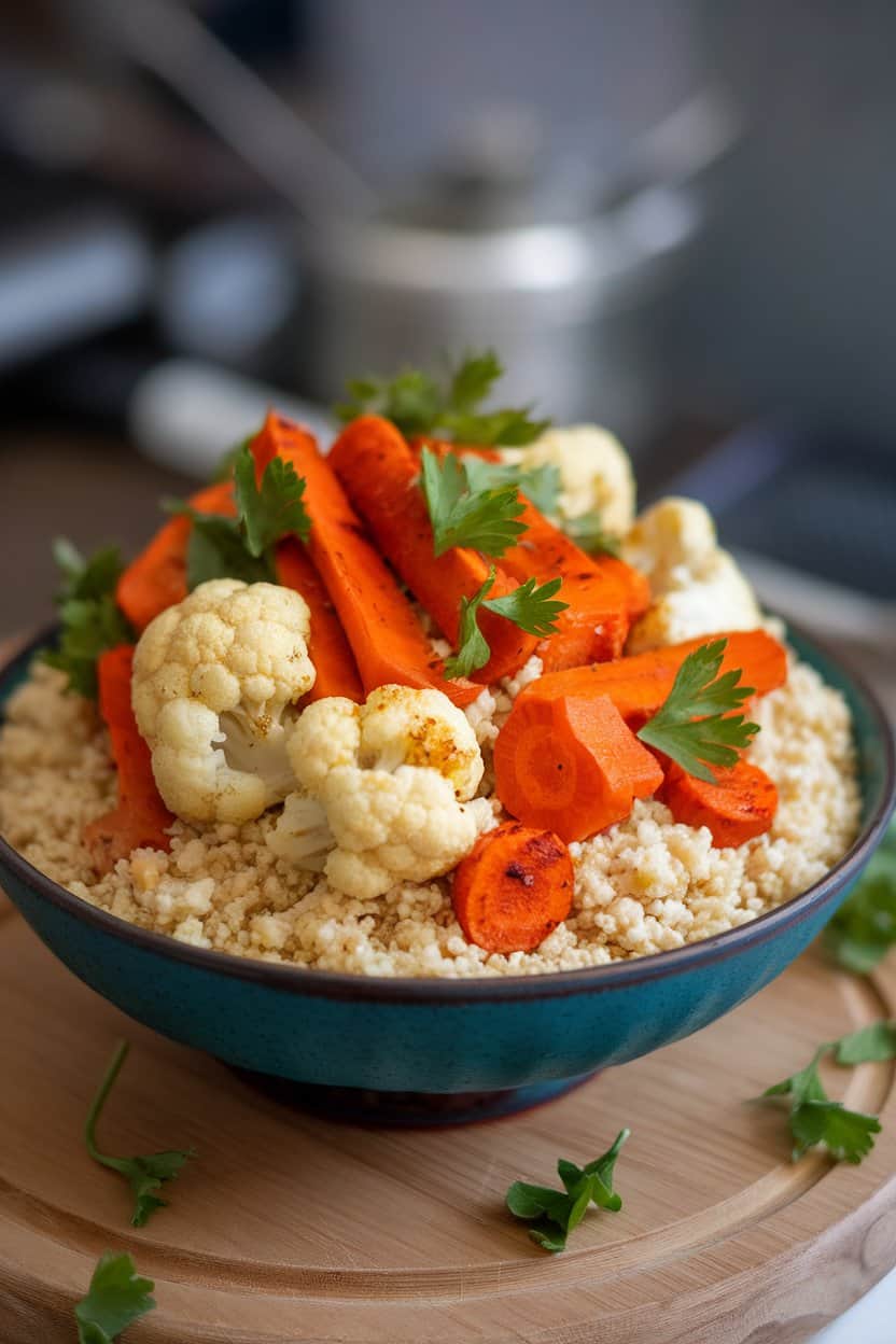 Indoor serving bowl of fluffy couscous topped with harissa-spiced roasted carrots and cauliflower, parsley scattered, no text or logos.