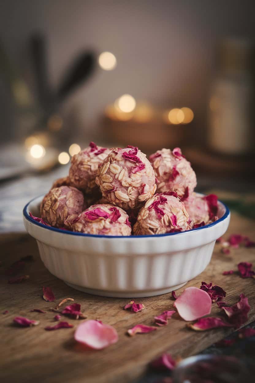 An indoor tabletop shot of pale pink oat balls rolled in dried edible rose petals on a white dish; soft romantic lighting; no text or logos.
