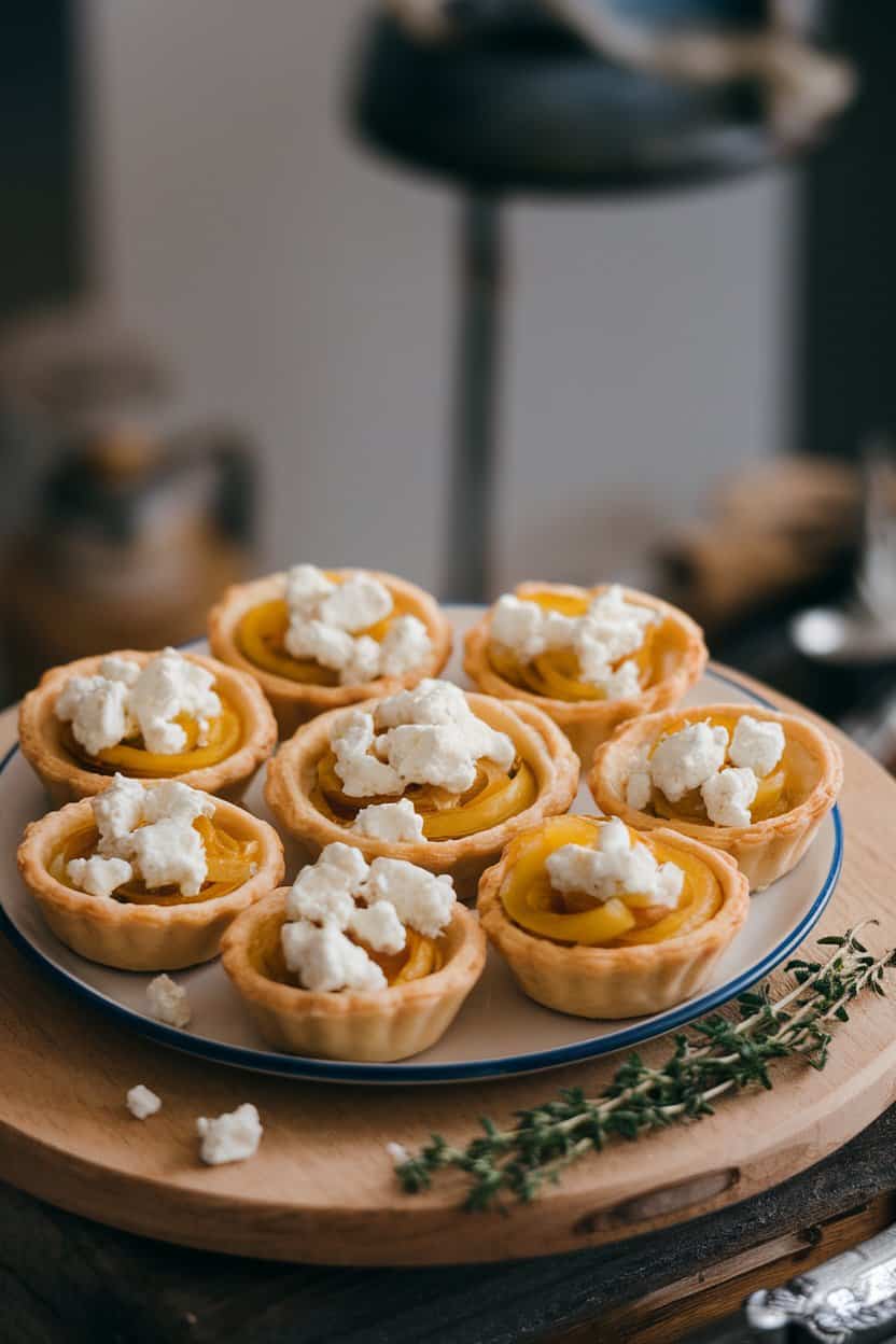 An indoor plate of mini puff-pastry tartlets filled with golden onions and crumbled goat cheese, no text or logos.