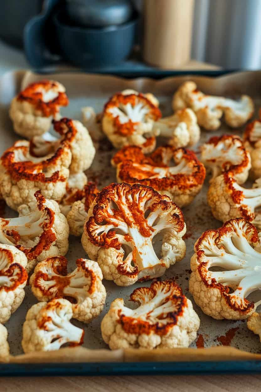 Indoor baking tray with thick cauliflower slices coated in red harissa paste, roasted until browned, no text or logos.