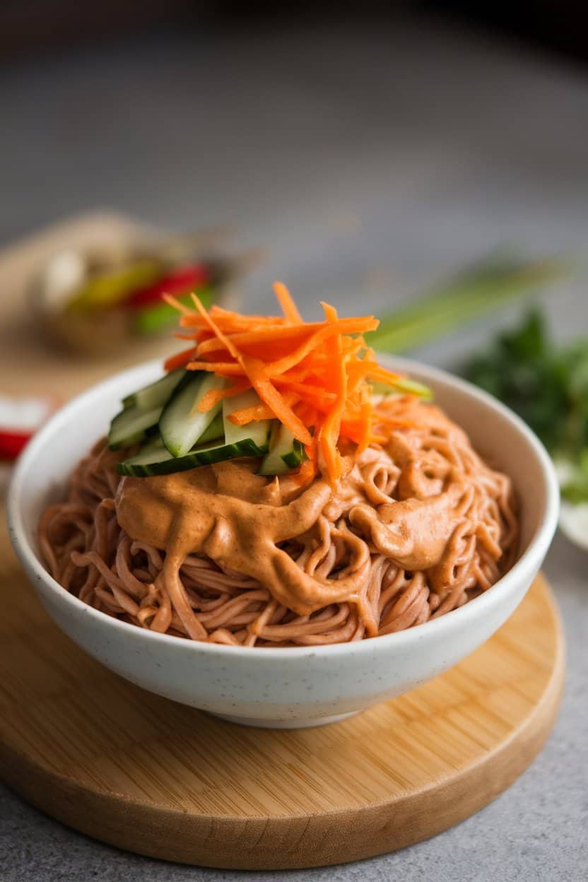An indoor bowl of chilled noodles tossed in peanut sauce, shredded carrots and cucumber on top, no text or logos.