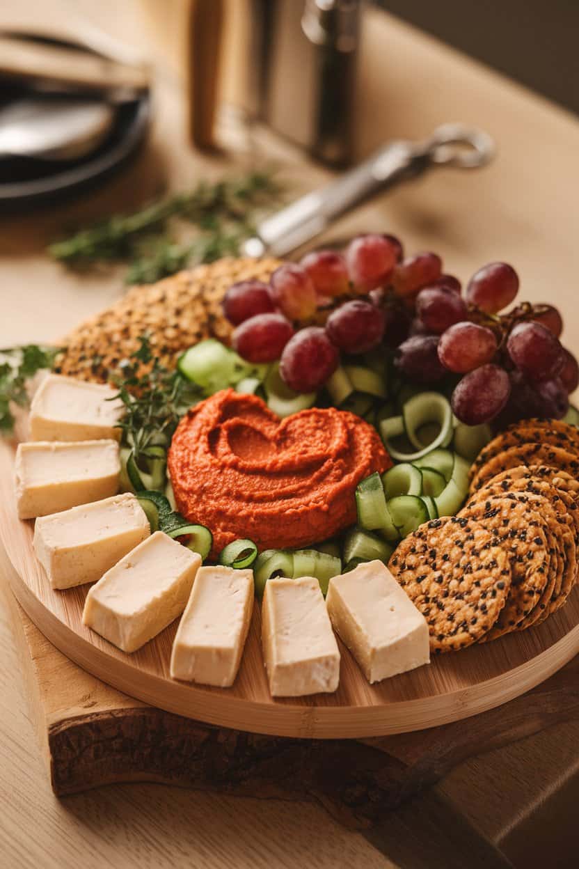 Indoor photo of a bamboo board filled with cashew cheese wheels, roasted red pepper hummus hearts, cucumber ribbons, grapes, and seeded crackers; warm lighting, no text or logos