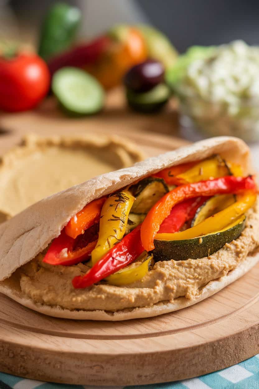 Indoor setting with an open pita stuffed with colorful roasted bell peppers, zucchini, and a generous smear of hummus, wedges of pita on the side. No text or logos, photo not illustration.
