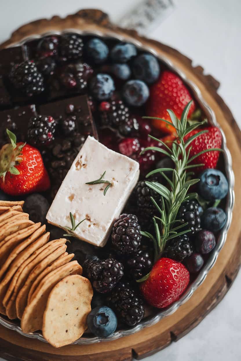 Indoor photo of a platter filled with goat cheese, berry compote, fresh blackberries, strawberries, blueberry-studded dark chocolate, and almond thins; high-key lighting, no text or logos