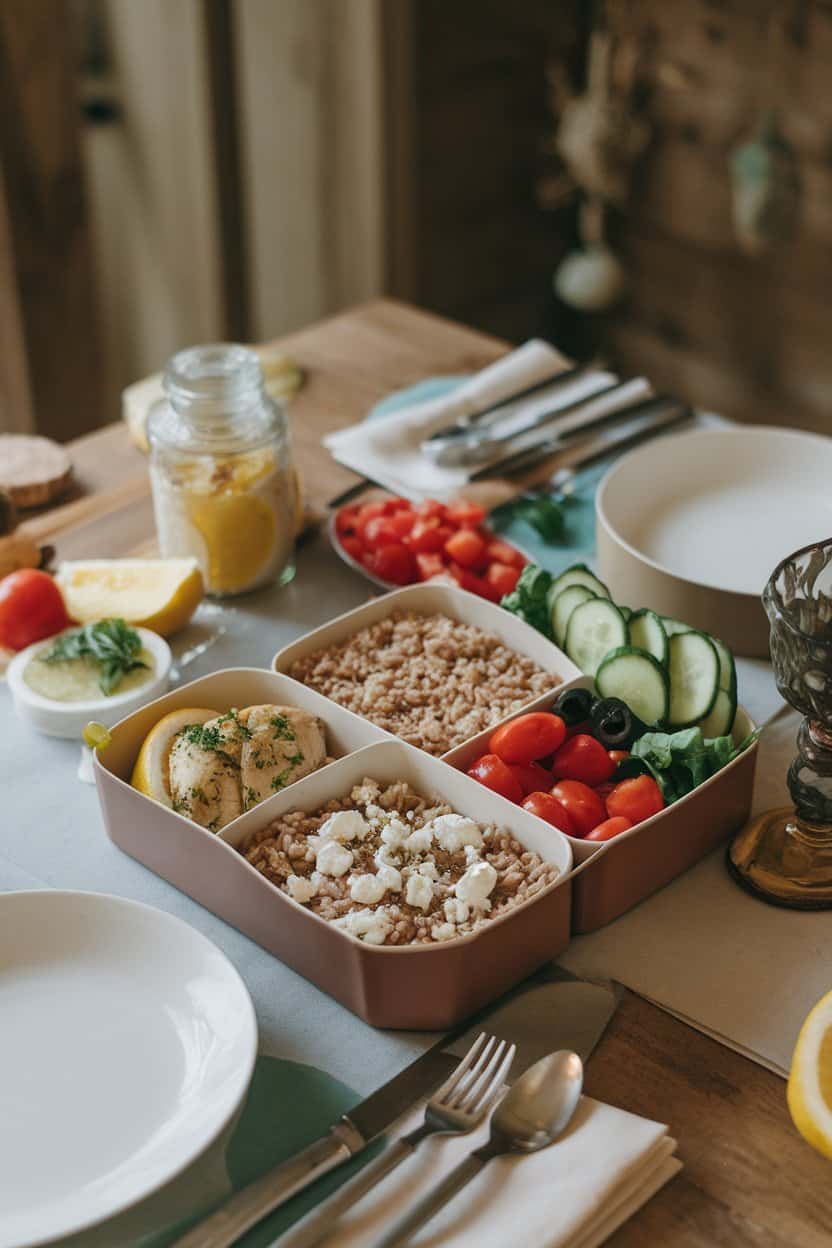 An indoor dining table with compartmentalized containers holding lemon-herb chicken, brown rice, cucumber, tomatoes, olives, and crumbled feta. Soft window light, no logos or text. Photo only.