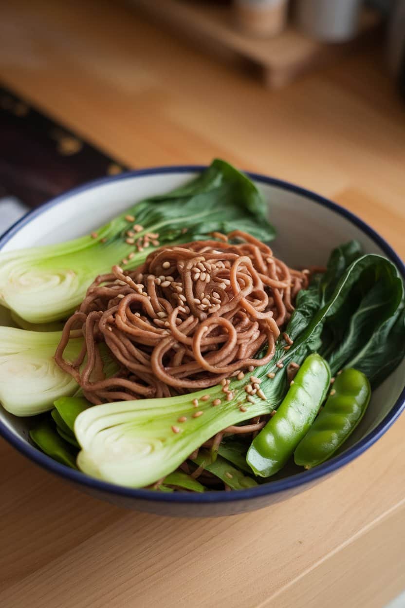 An indoor bowl holding buckwheat noodles mingling with bright green bok choy and snap peas, sesame seeds sprinkled, no text or logos.