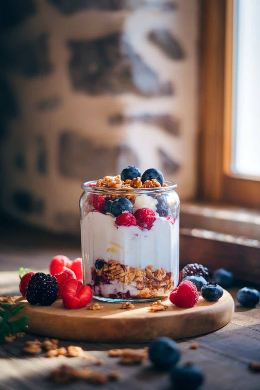 Indoor photo of a clear glass layered with thick Greek yogurt, mixed berries, and a dusting of granola; soft morning light by a kitchen window, no text or logos