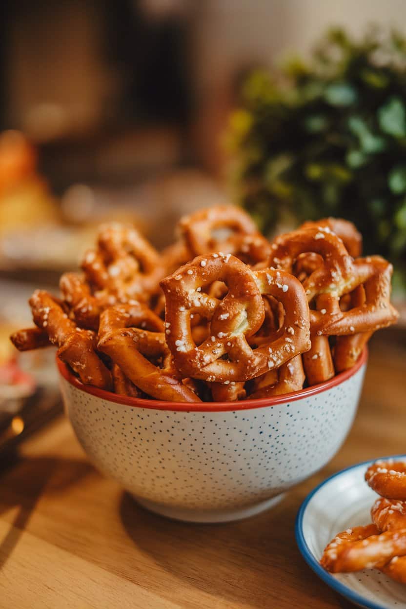 An indoor snack bowl brimming with small pretzel twists coated in visible ranch seasoning flecks. Warm light, no text or logos. Photo only.