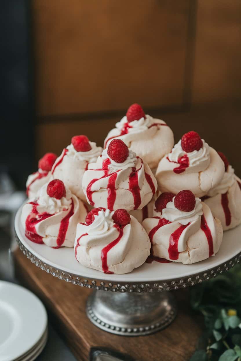 An indoor cake stand topped with mini pavlovas swirled with raspberry coulis and filled with whipped cream, no text or logos.