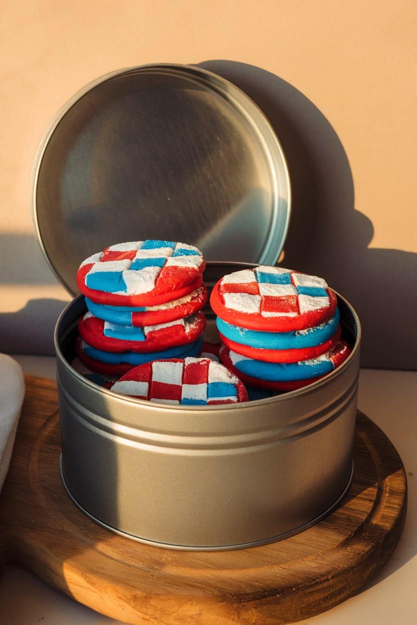 Photo of red and blue checkerboard icebox cookies stacked inside an indoor metal tin, warm lighting, no text or logos.