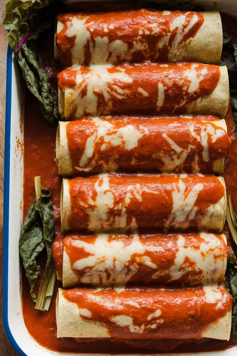 An indoor baking dish of rolled corn tortillas topped with red enchilada sauce and melted cheese, some chard stems visible, no text or logos.